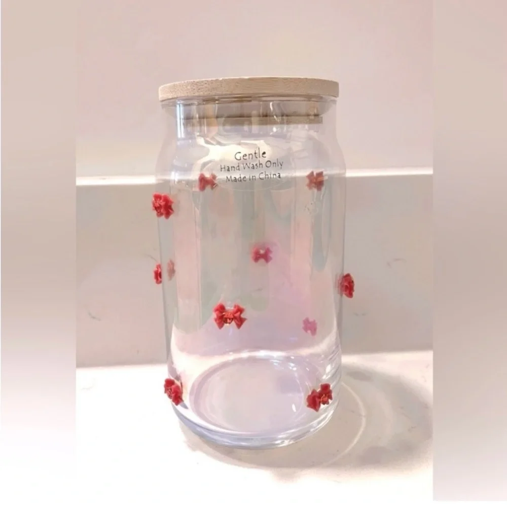 Pink Bow Glass Tumbler Cup Coquette Aesthetic Wooden Lid Handcrafted NWOT